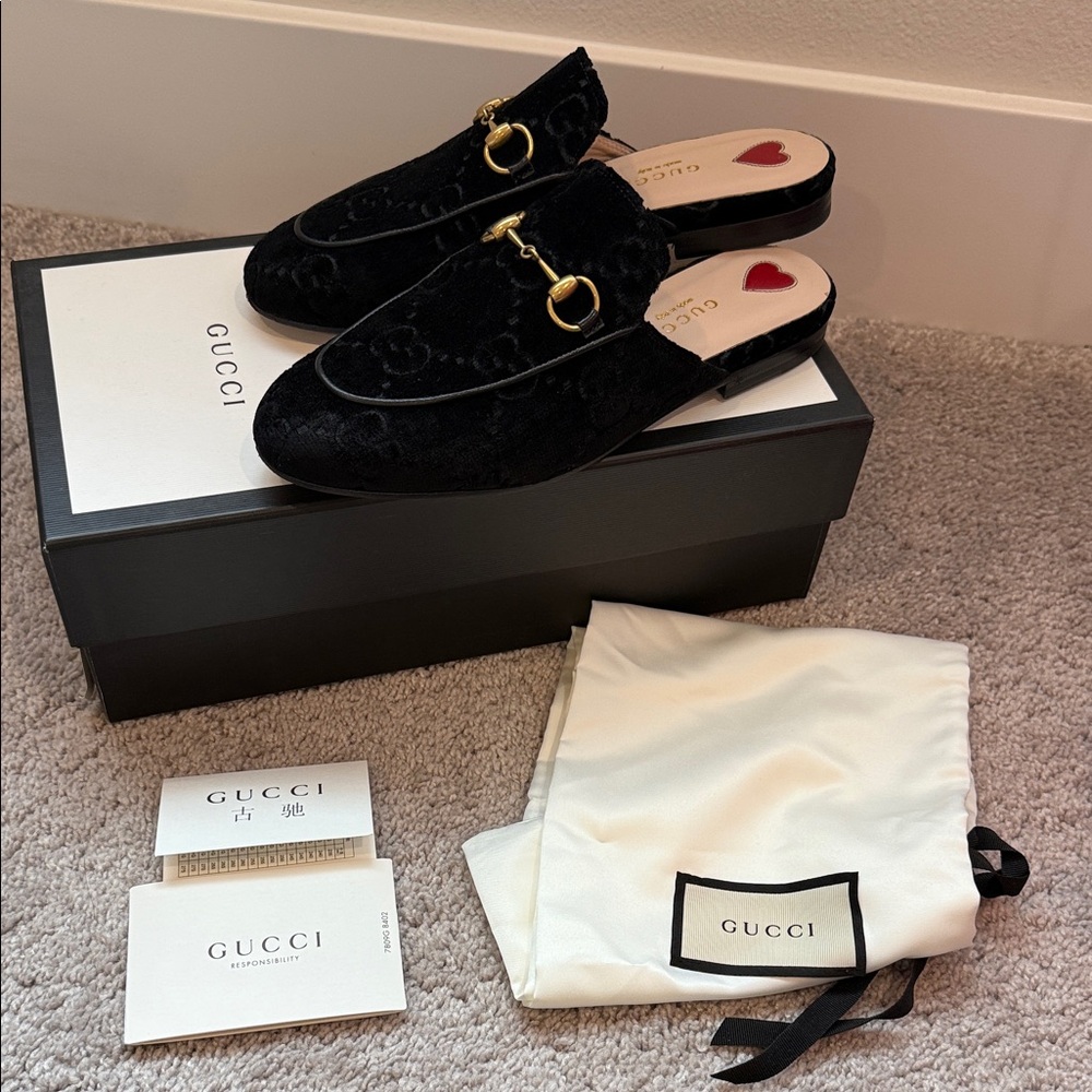 Gucci Black Velvet Mules with Gold Detail